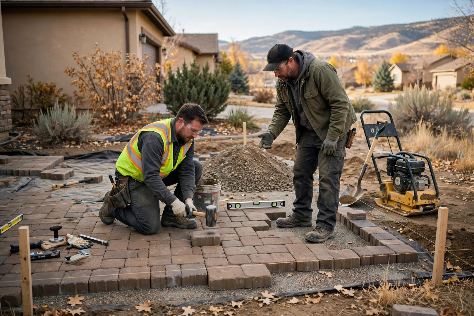 Crew measuring a home driveway before paver installation work