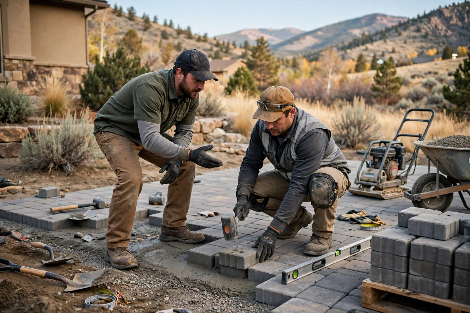 Newly installed interlocking paver driveway at a suburban home in Herriman with mountain views
