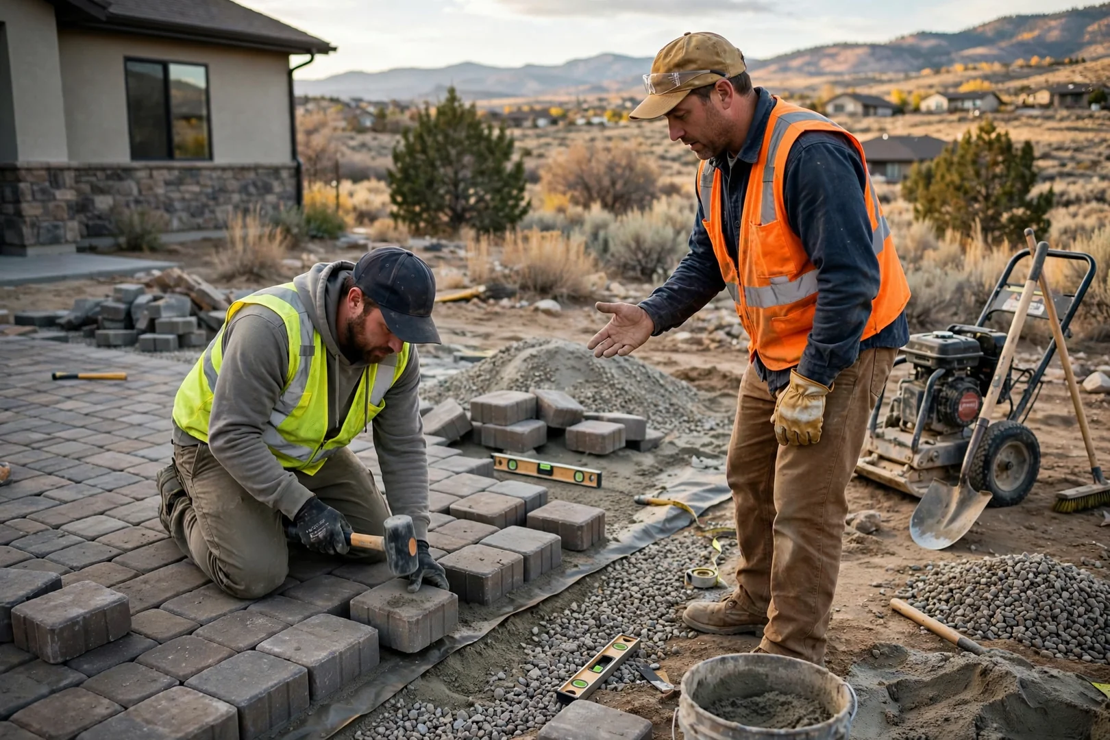 Crew compacting gravel base for a new paver driveway
