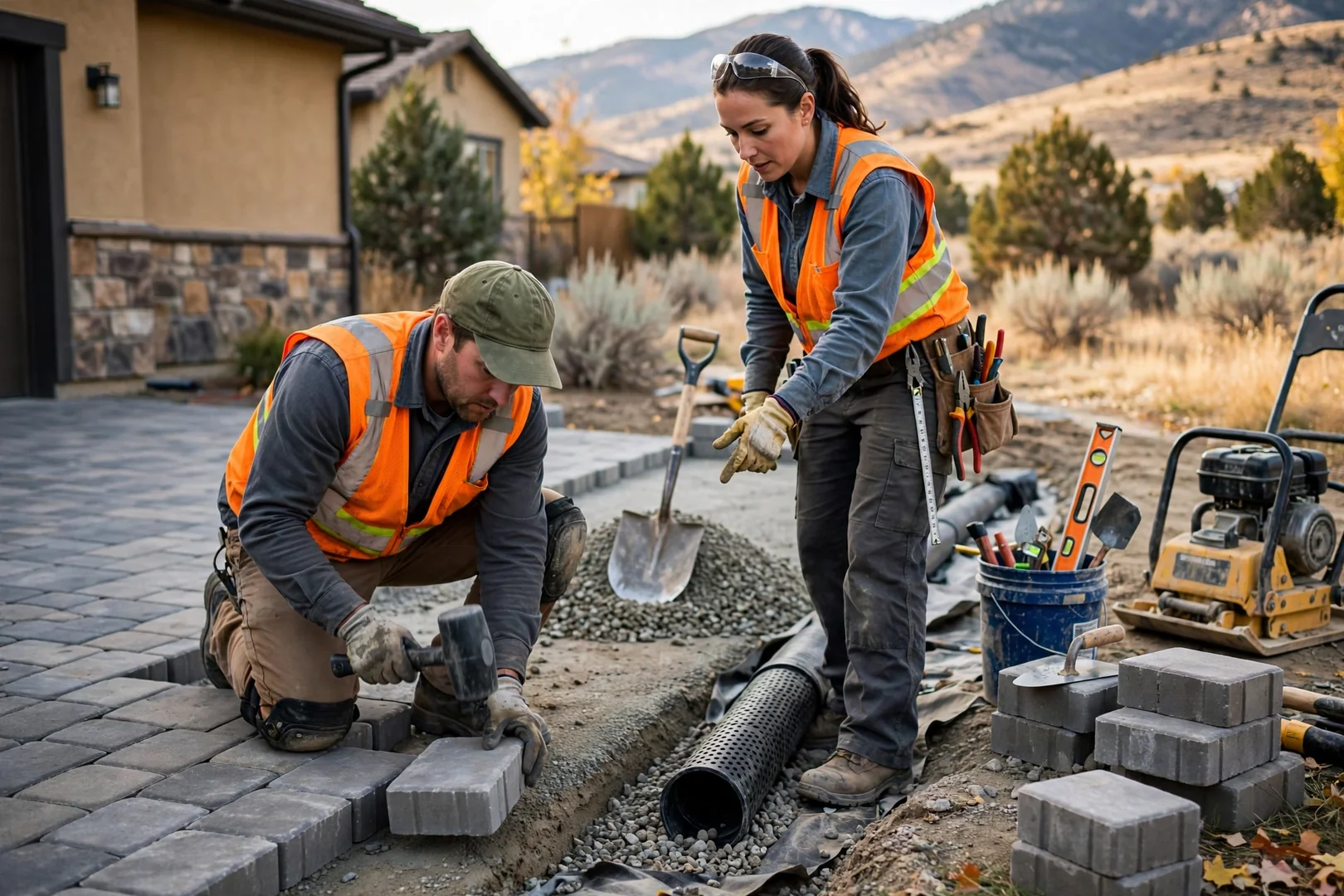 Crew compacting a gravel base for a paver walkway on a sunny spring day in Herriman