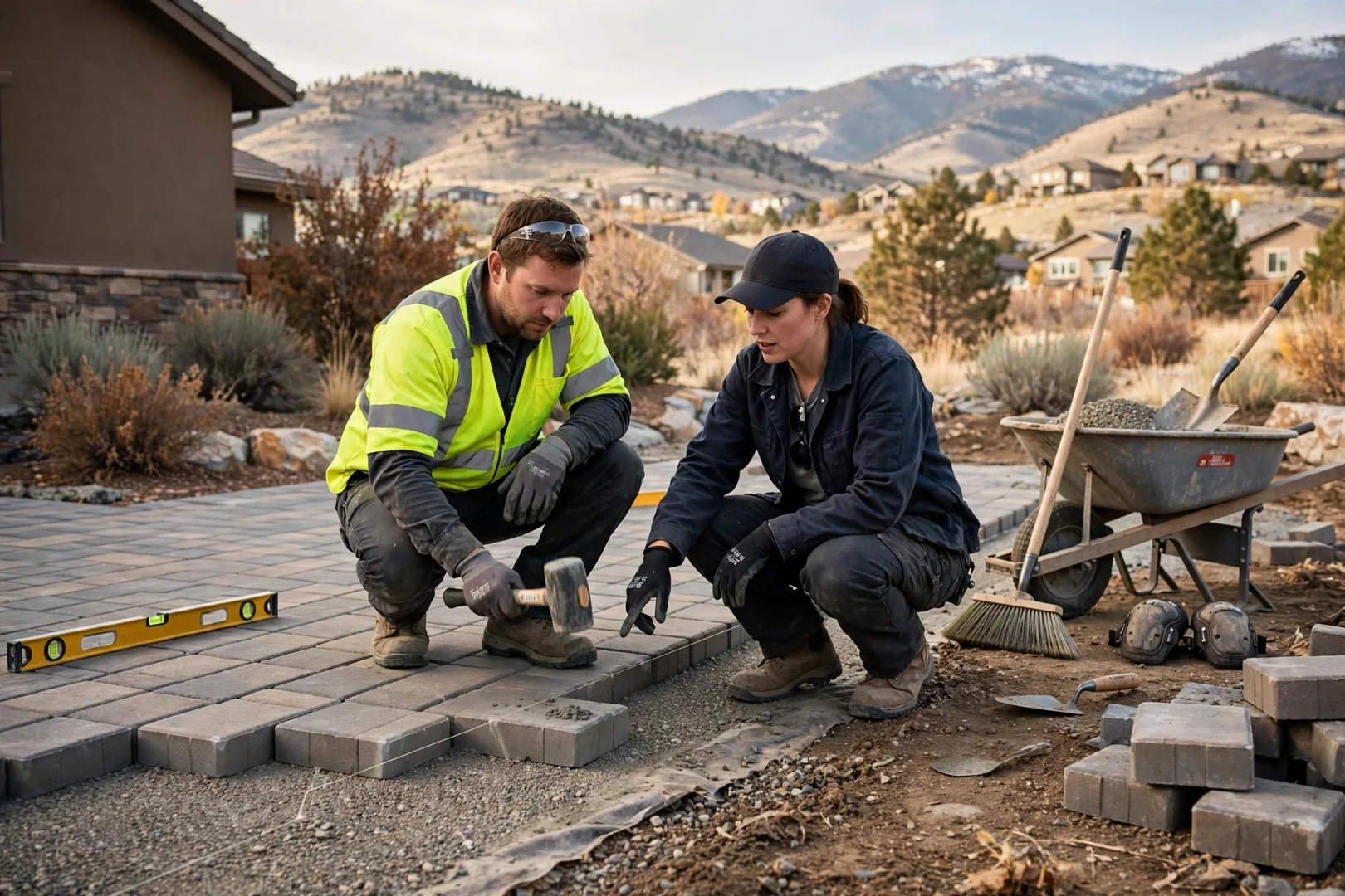 Installer reviewing a finished paver patio with a homeowner