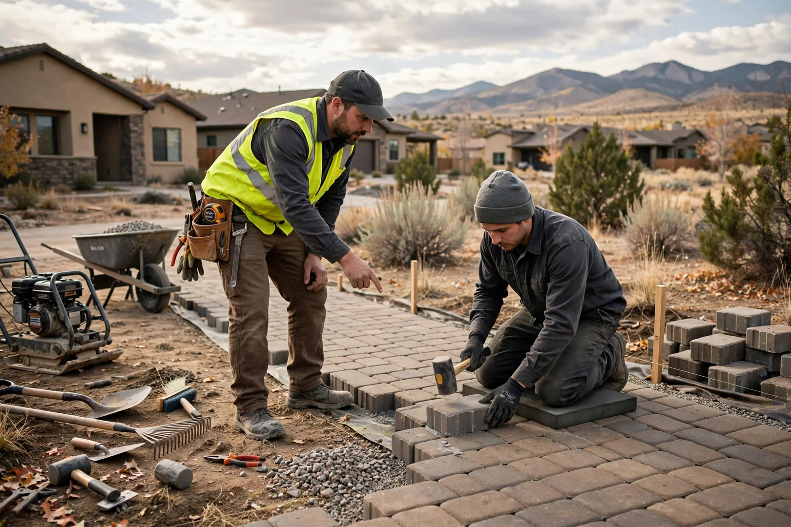 Contractor measuring a backyard for a new paver patio