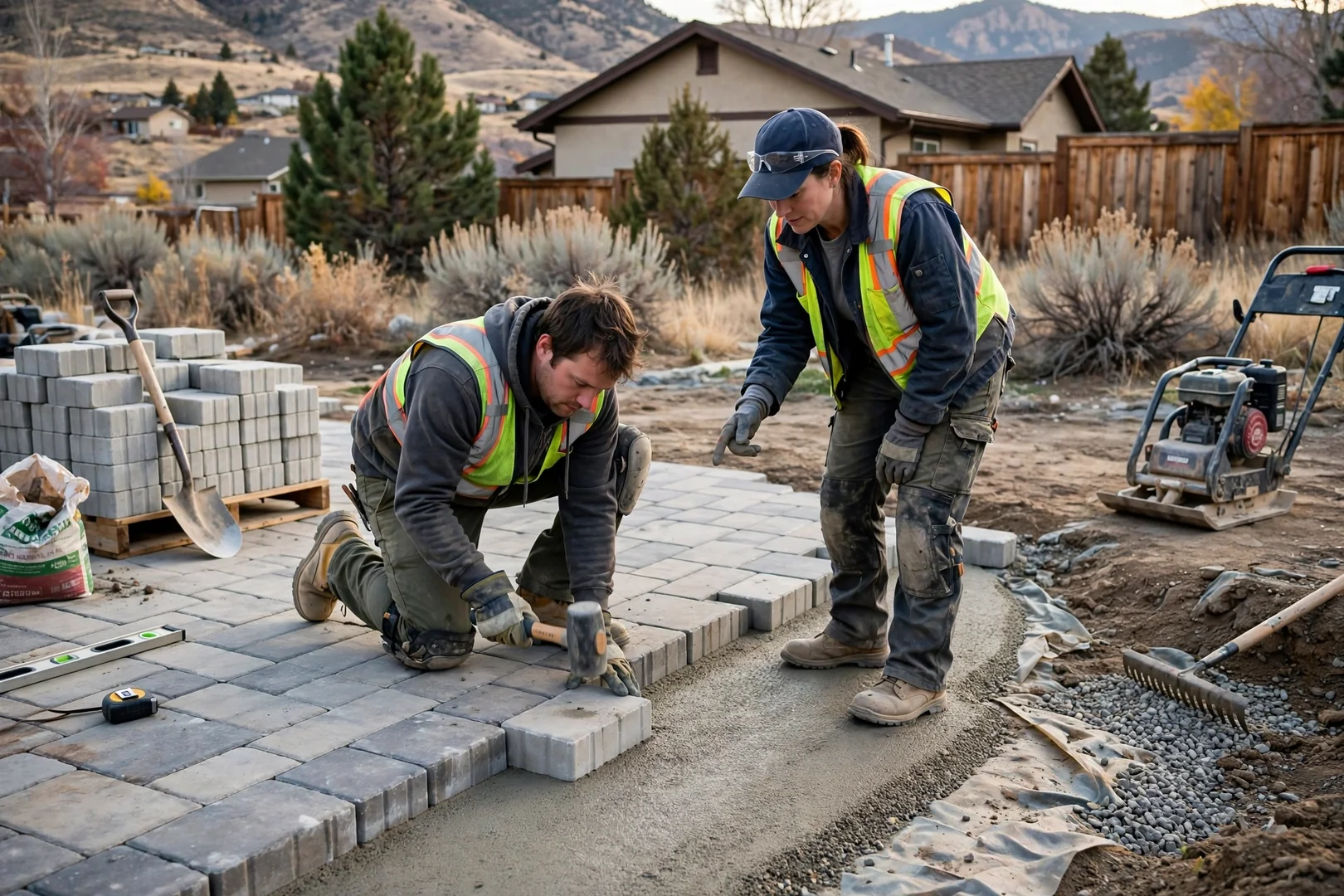 Paver installer compacting gravel base for a new driveway in Herriman