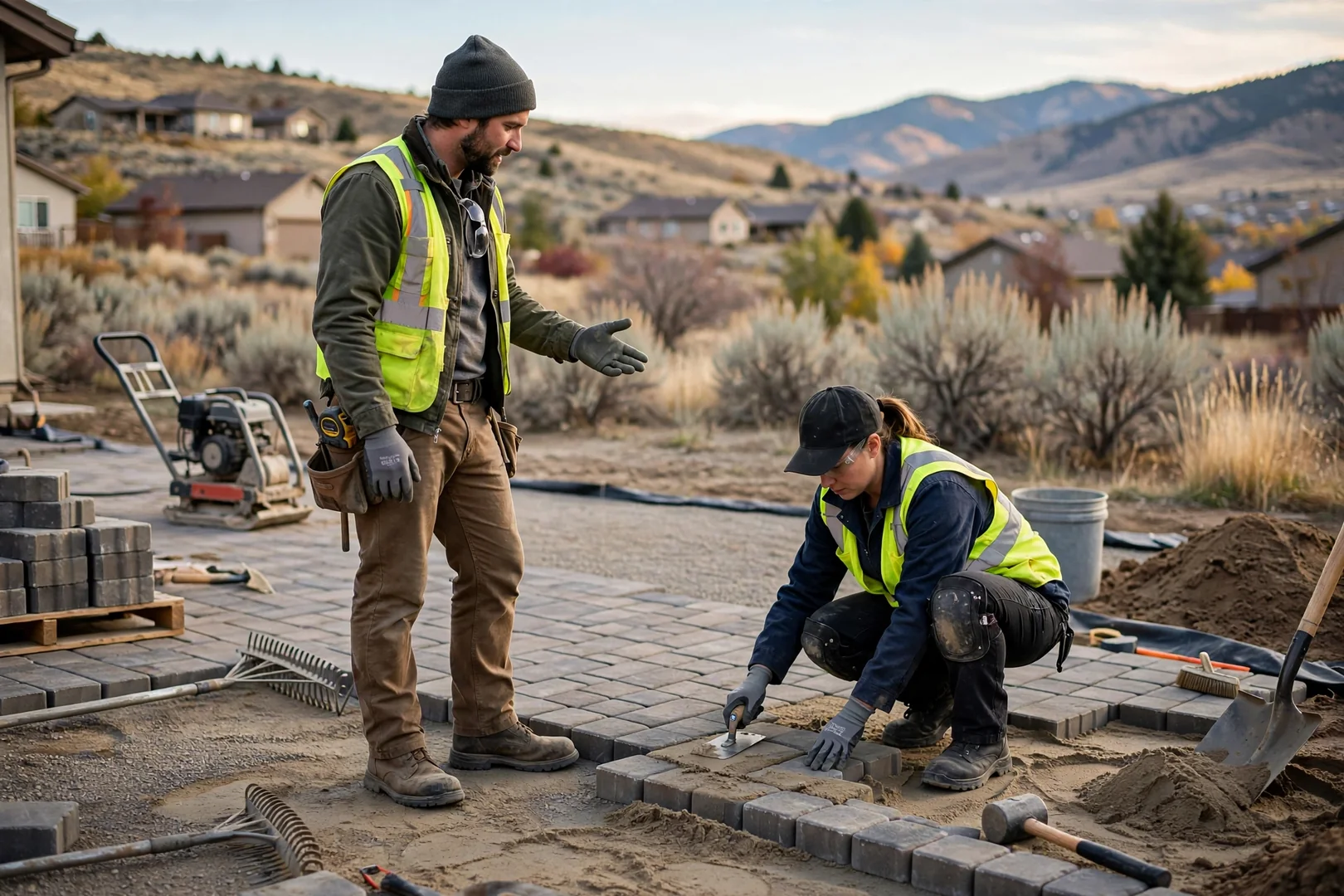 Finished paver patio with outdoor seating in a Herriman backyard at sunset