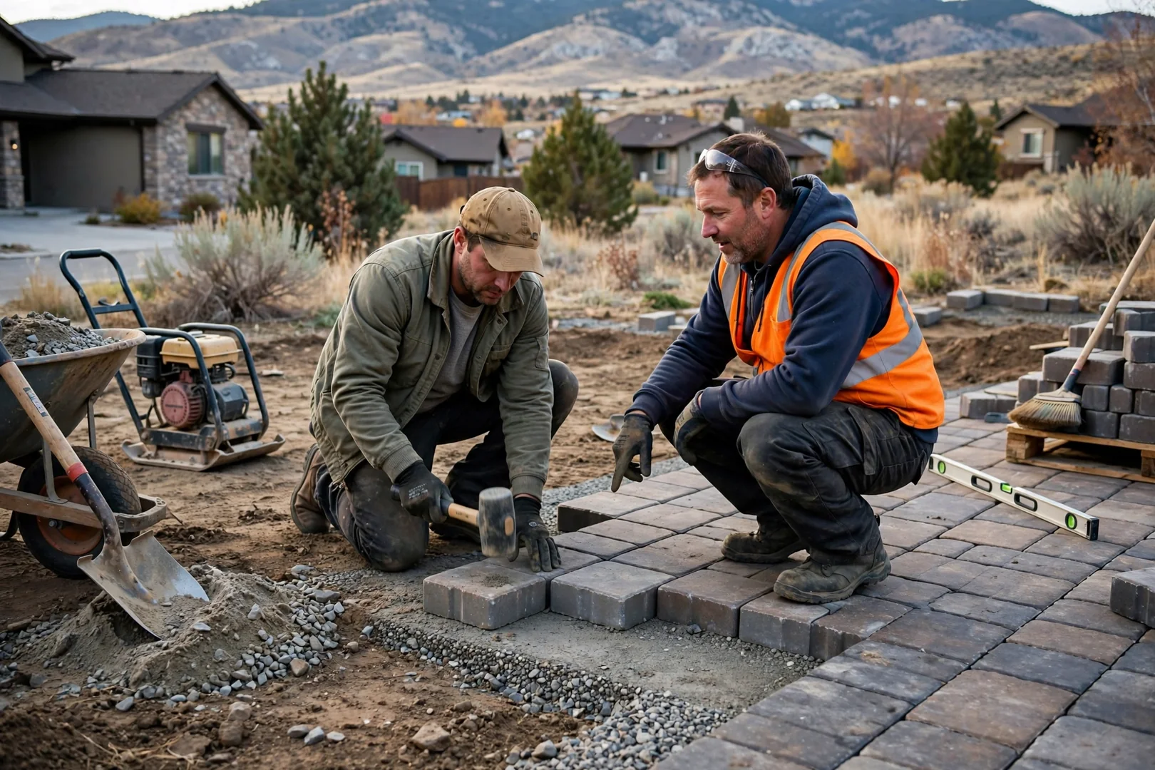 Newly installed paver patio with gentle slope in a Herriman backyard