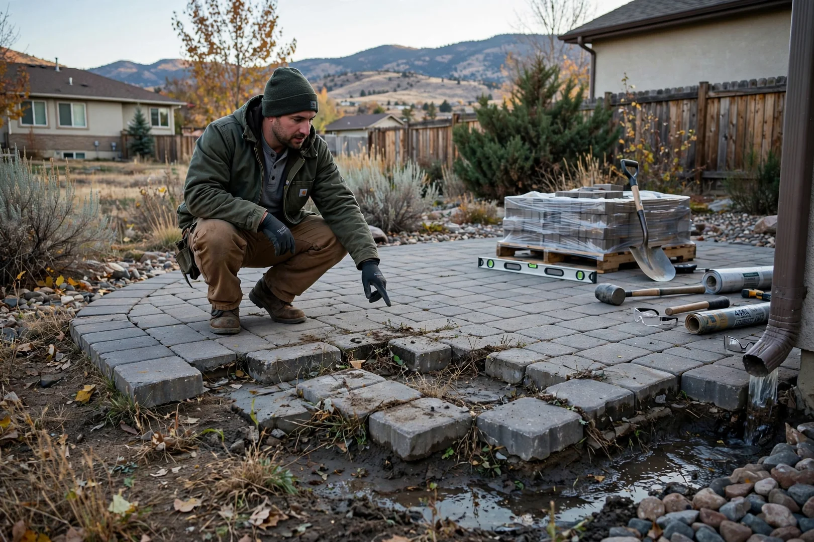 Cracked concrete patio with uneven settling beside a home