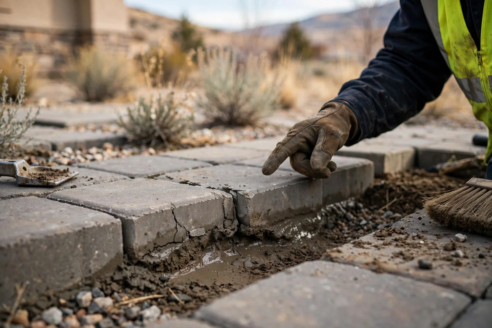 Paver patio joints with sand loss and weeds in a backyard