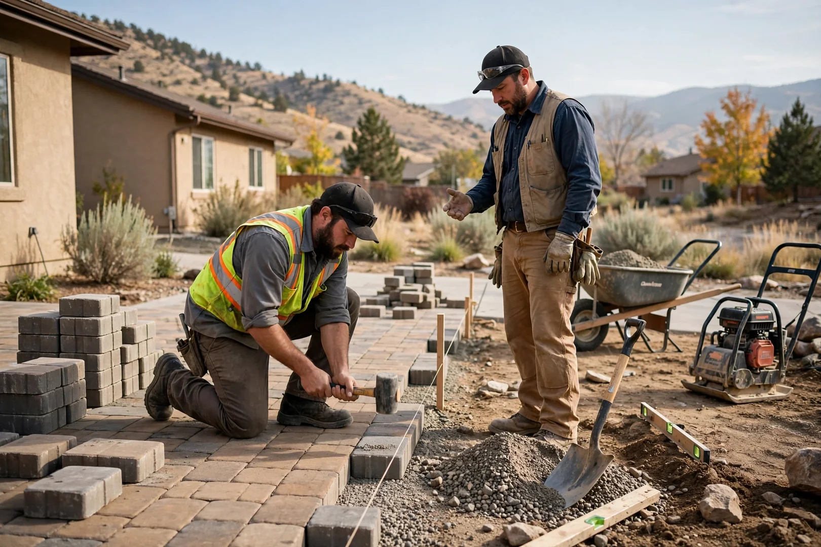 Contractor measuring a paver walkway layout at a Herriman home