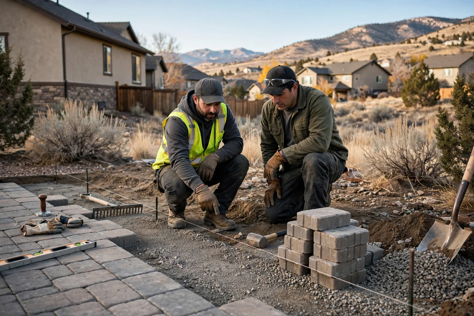 Crew compacting gravel base for a new paver walkway in Herriman, UT
