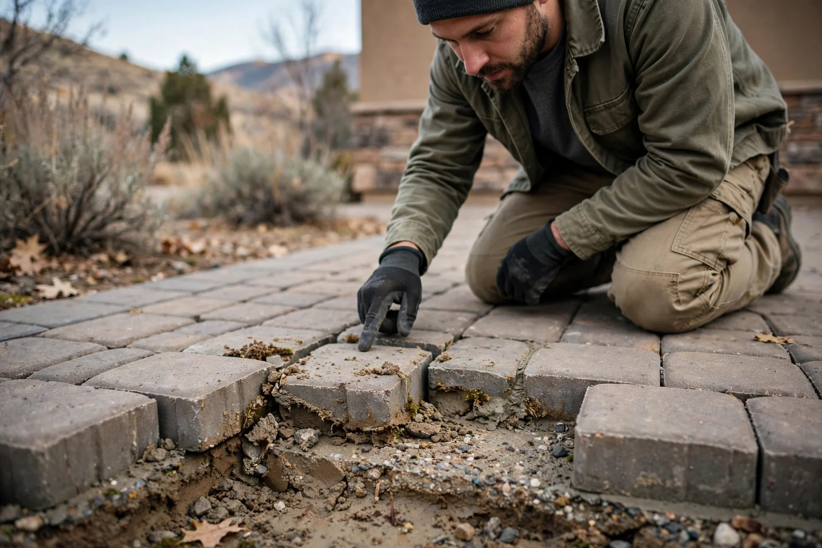 New paver sidewalk curving through a Herriman front yard