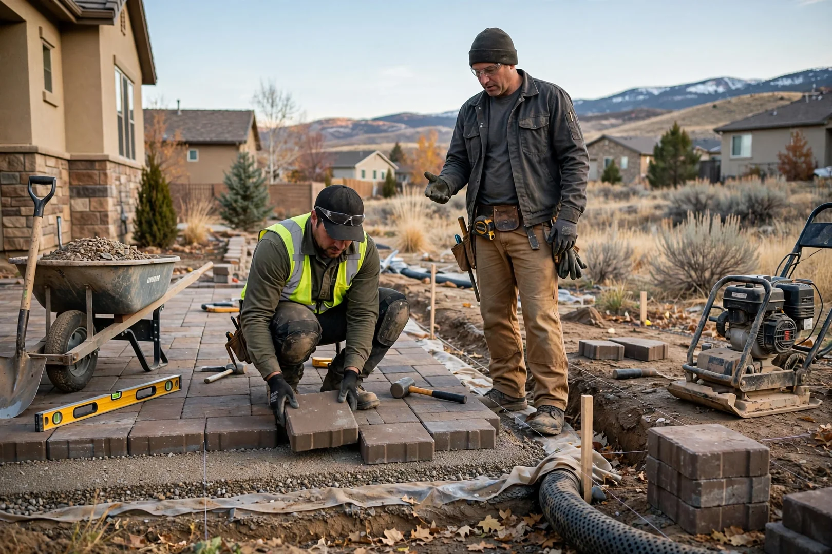 Crew compacting gravel base for a paver walkway in Herriman